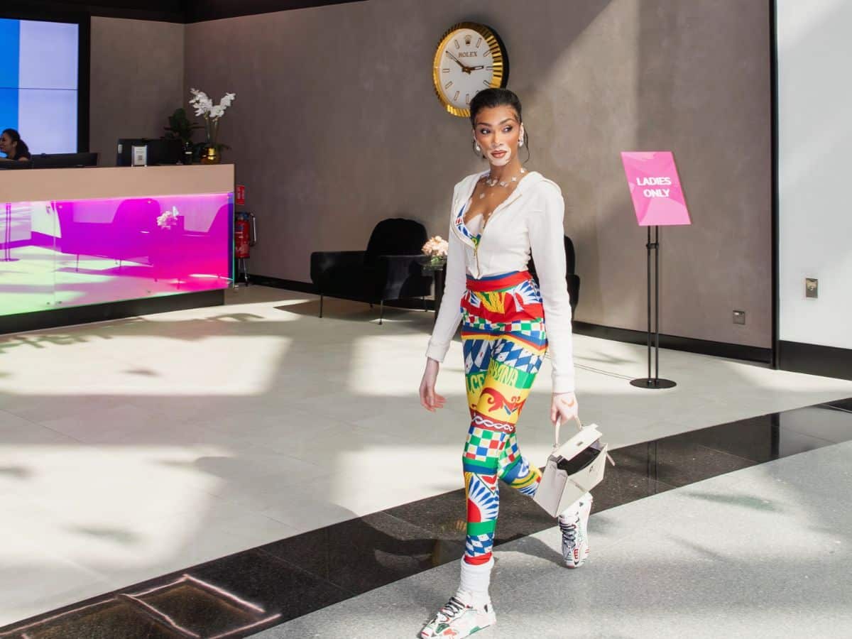 Winnie Harlow flaunts her toned midriff in a bra top and leggings from  Dolce & Gabbana as she works out in a studio in Dubai Hills